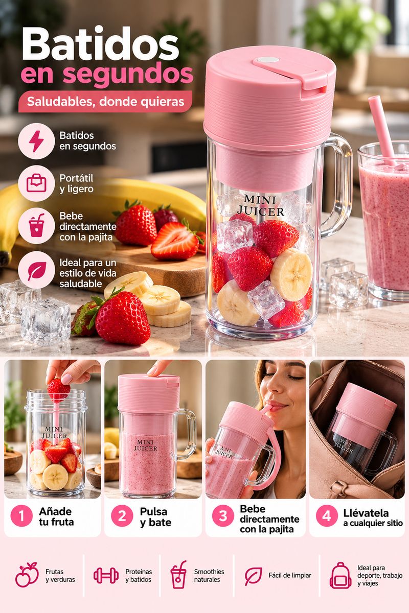 Batidos en segundos con el vaso batidora Somnii: añade tu fruta, pulsa, bebe con la pajita y llévatelo