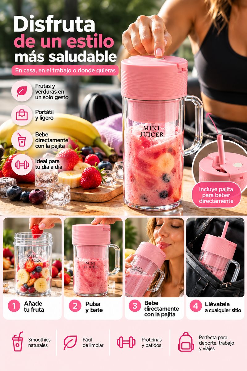 Estilo de vida saludable con el vaso batidora portátil Somnii rosa: en casa, en el trabajo o en el gimnasio