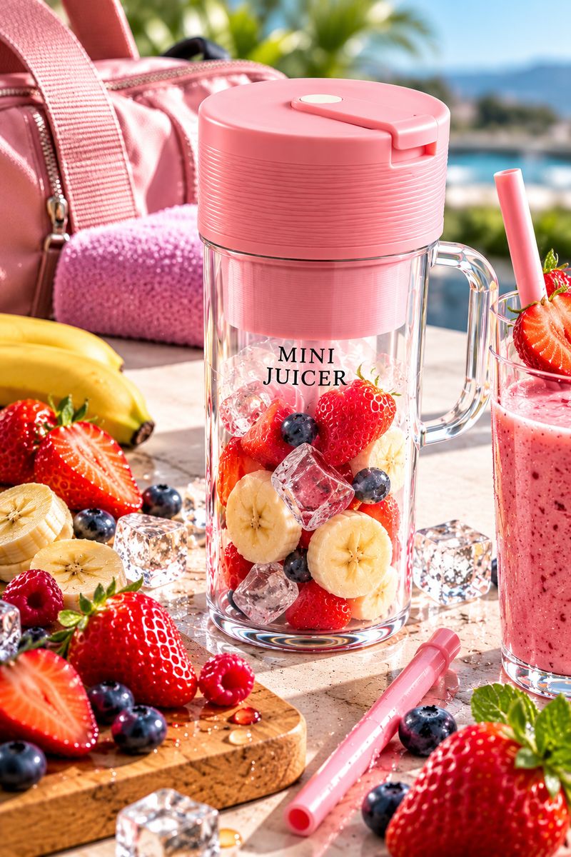 Vaso batidora portátil Somnii rosa lleno de fruta en una terraza junto al mar